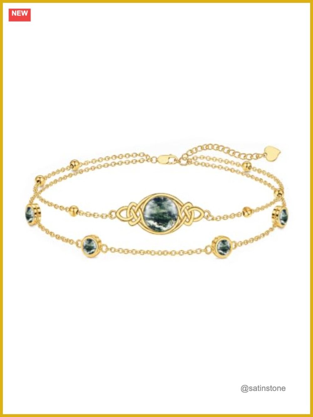 18K Gold Celtic Knot Layered Bracelet Moss Agate Birthstone